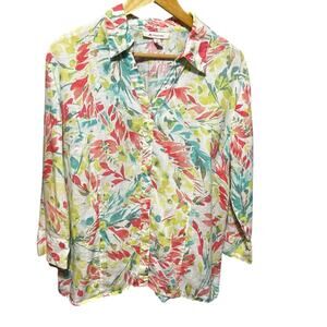 JM Collection Women Linen Top 14 Watercolor Floral Button Up Coastal‎ Beachy
